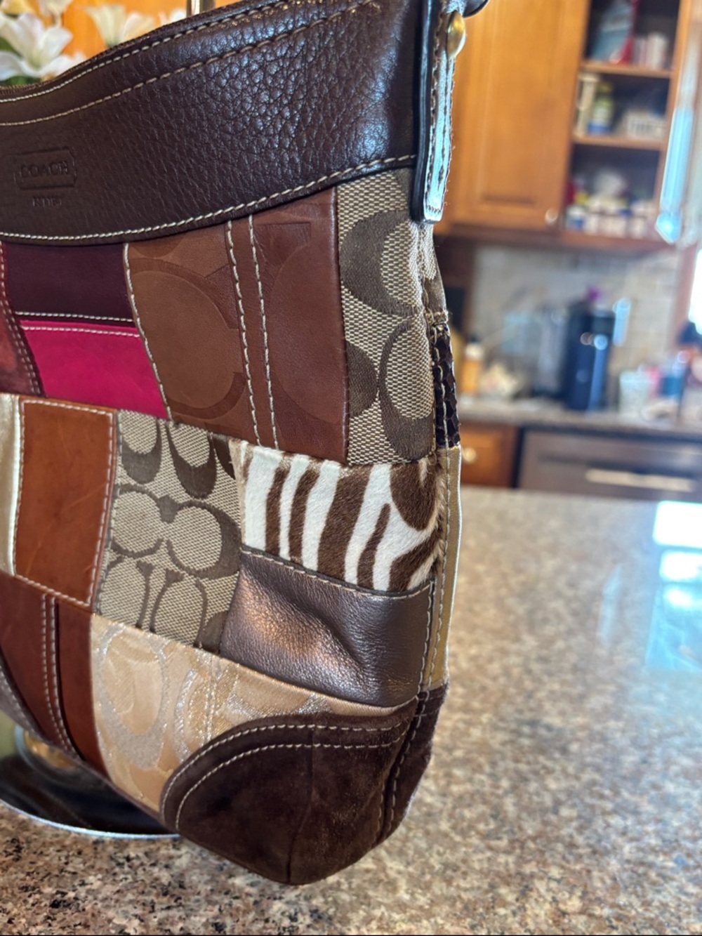 Coach Patchwork Shoulder or Crossbody Bag - Suede Brown, Tan, Metallic, Pink - Picture 8 of 16